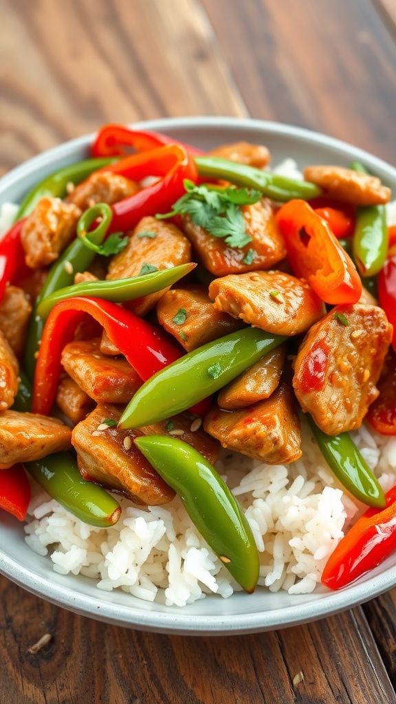 A colorful sweet and sour turkey stir fry with bell peppers, snap peas on rice, garnished with sesame seeds.